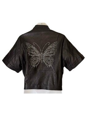 Crystal Butterfly Italian Leather Cropped Moto Jacket Hipchik Couture Black L
